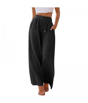 Women's Cotton And Linen Wide Leg Pantshigh Waist Wide Leg Long Casual Slouchy, Soft Elastic Pants With Pockets